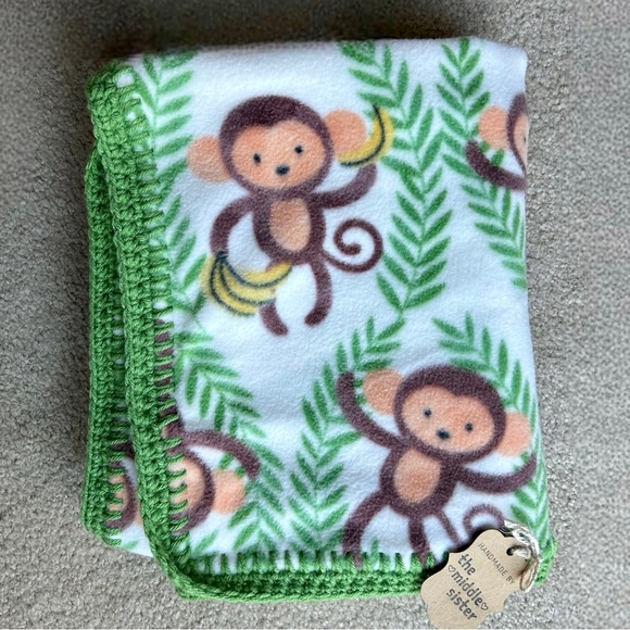 Handmade Other - Handmade Baby Blanket 2-Ply Fleece Crochet Edging Monkey Toddler Stroller Lovey